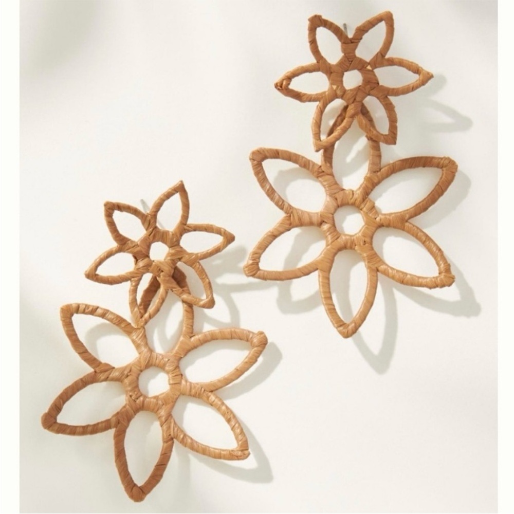 NWT Anthropologie Raffia Double Flower Earrings 3-inch